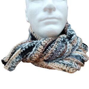 Mens Hipster Scarf Handmade Crochet Rib Black Camo Naturals Striped Beige Winter